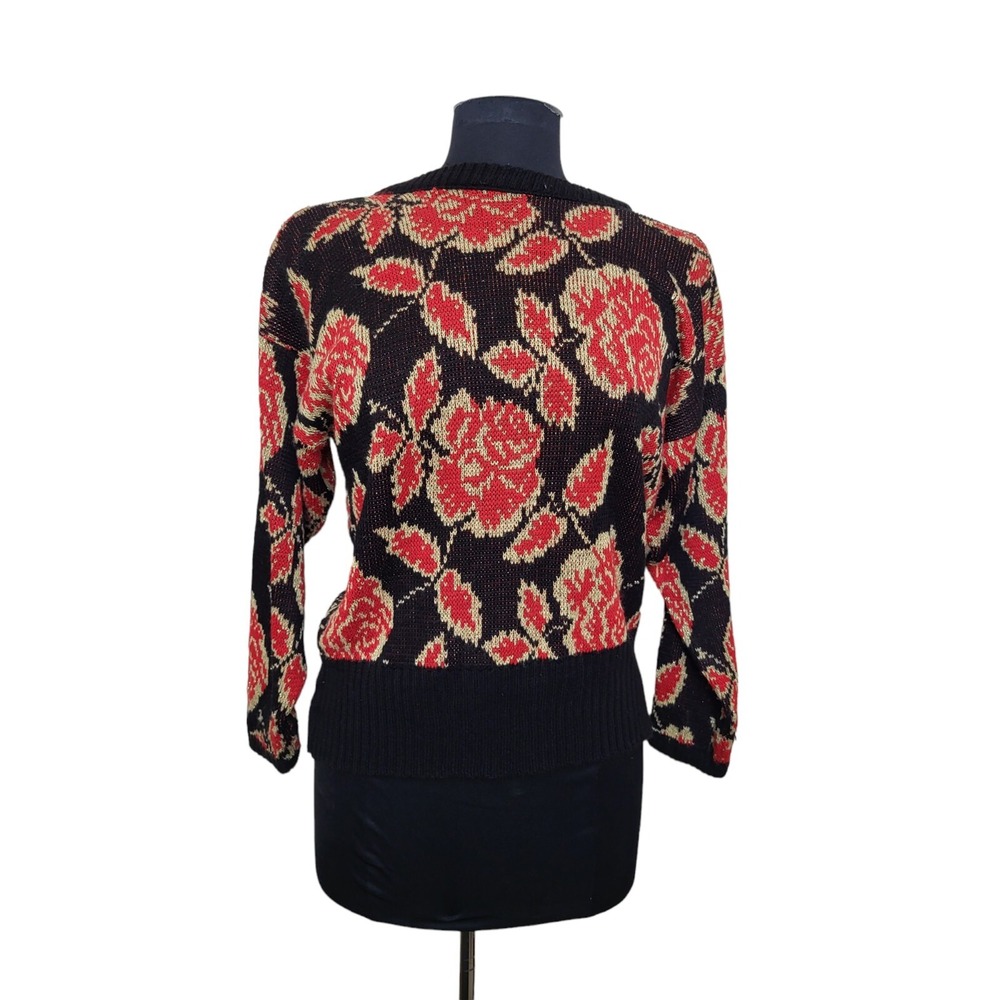 Vintage 80's Sunshine Starshine Acrylic Sweater Red Roses Black Gold USA Size M